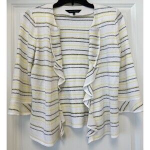 MING WANG Cardigan Womens Small White Open Black Yellow Stripe Ruffle 3/4 Sleeve